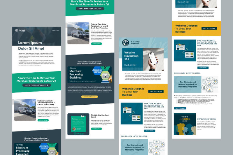 A graphic showing two email newsletter designs for Evolve Payment and Evolve Systems, staggered to show the top and bottom of the emails.