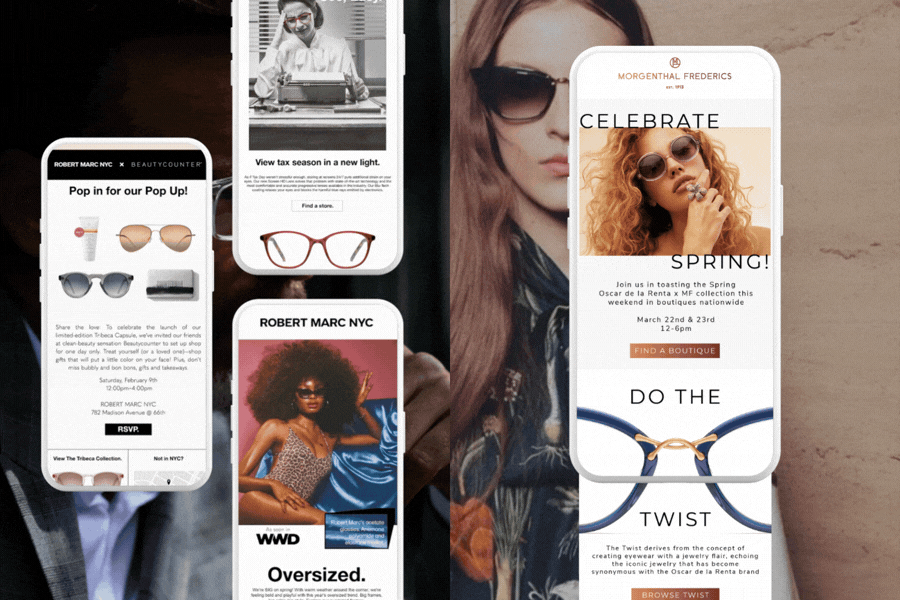 On the left, 3 emails for Robert Marc NYC on mobile mockups. On the right, a single mobile mockup of an email for the Morgenthal Frederics x Oscar de la Renta collaboration glasses.