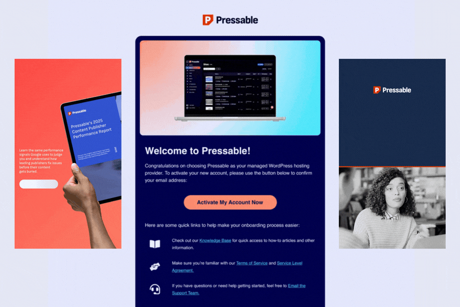 A graphic featuring an animated email for Pressable in the center, flanked by two animated vertical social ads on either side.